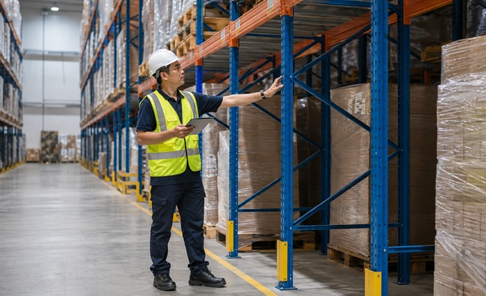 Safety officer in a hard hat and hi-vis vest inspecting warehouse racking with a tablet