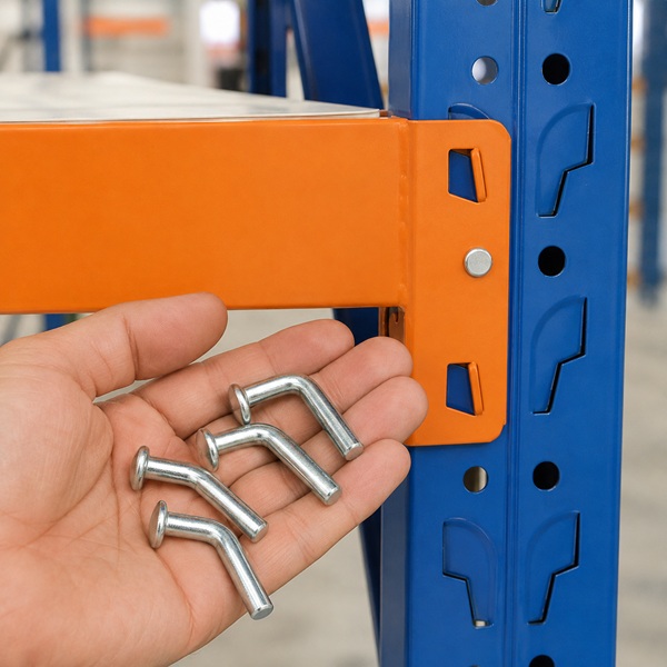 A hand holding four steel J-shaped rack drop pins in front of a rack beam, with the empty pin holes visible in the blue upright behind
